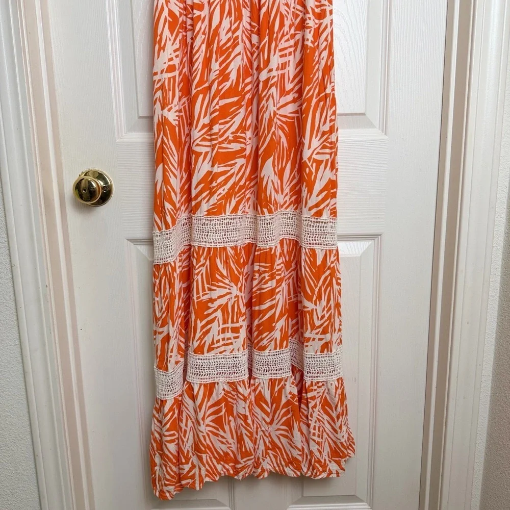 SINCERELY JULES tropical leaf print maxi dress eyelet trim